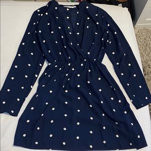 All in favor navy blue polkadot long sleeved dress